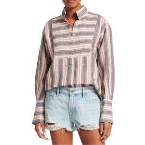 FRAME Natural White Multi-Stripe Bib Linen Button-Down Shirt, XS